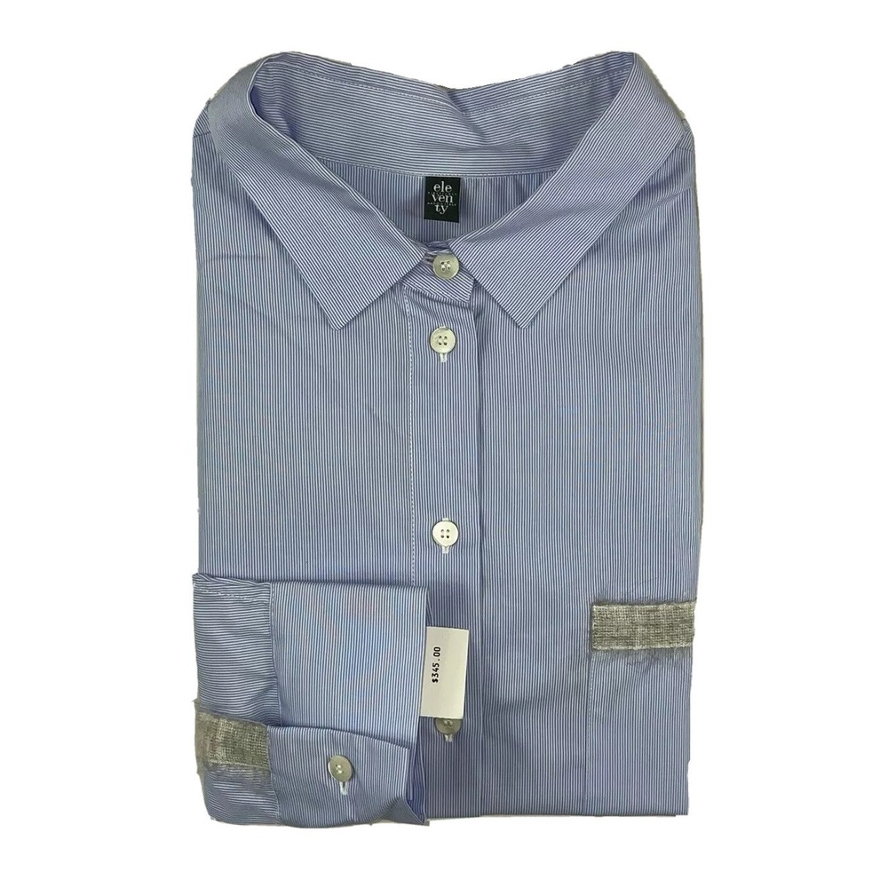 Eleventy Blue Striped Cotton Felt Pocket Womens Button Front Size 8 NWT